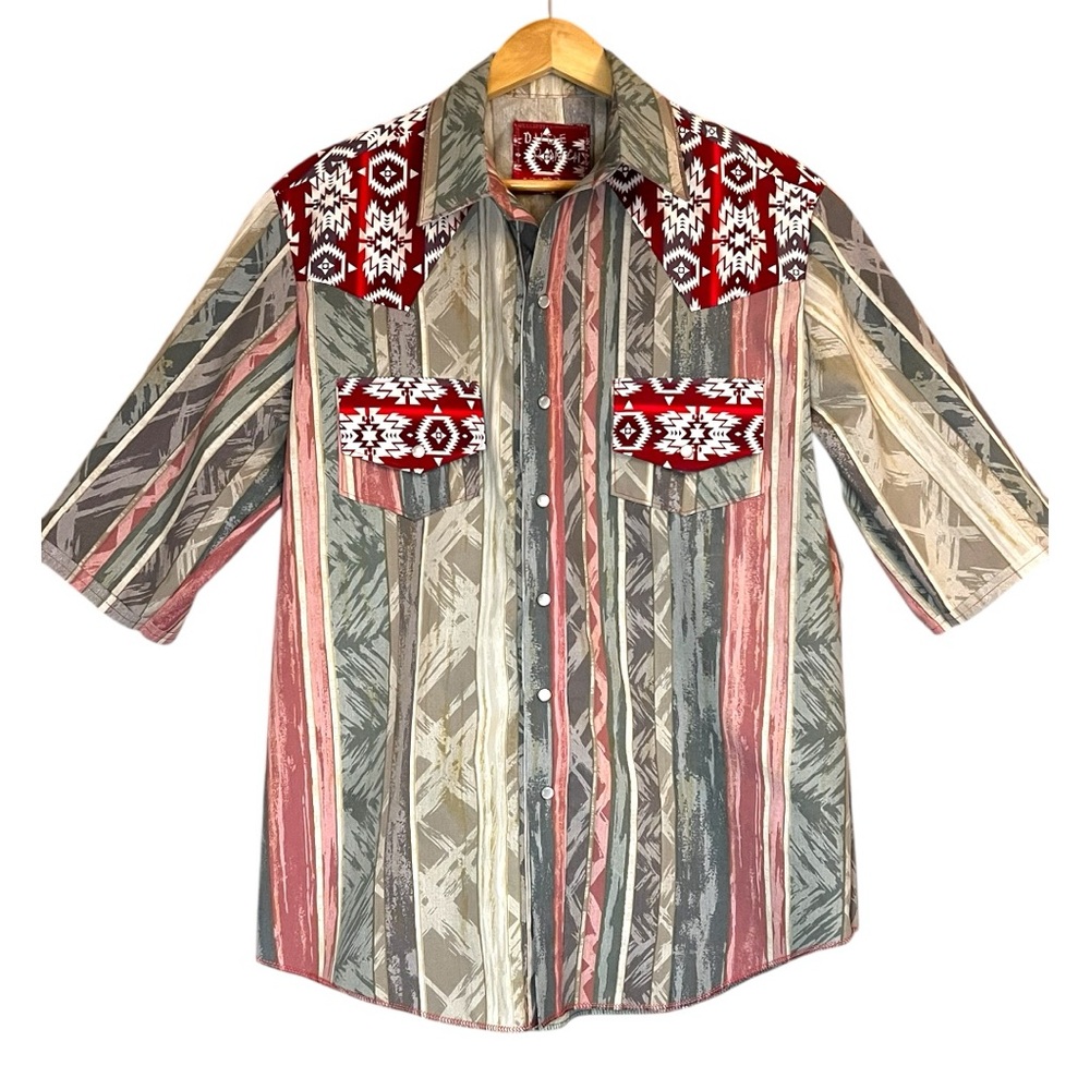 Western Style Button-Up Shirt with Red Accents Handmade